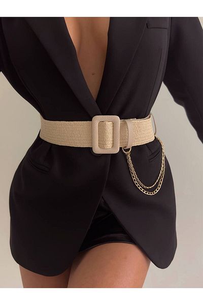 FioriModa Straw Elastic Women's Belt with Buckle, Jacket Belt, Shirt Belt, Dress Belt