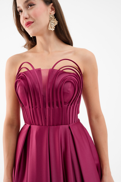Lafaba Women's Plum Chest Detail Long Satin Evening Dress