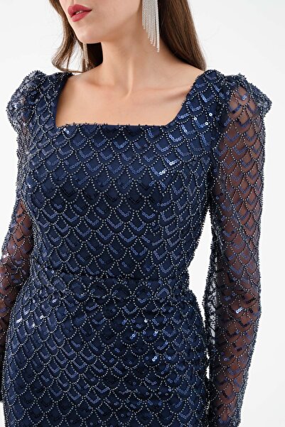 Lafaba Жіноче темно-синє плаття з квадратним коміром, довгими рукавами та бісером