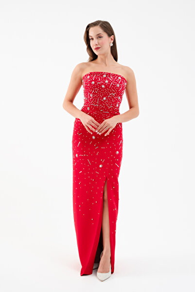 Lafaba Women's Red Strapless Stone Long Evening Dress