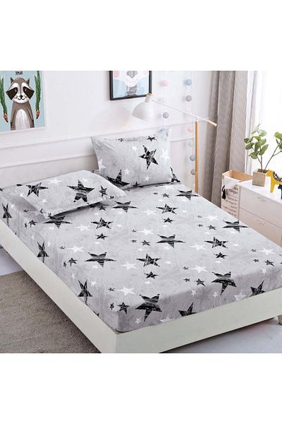 JOJO HOME Set husa de pat single cu elastic si 2 fete de perna, finet, H1-11, gri, 90 x 200