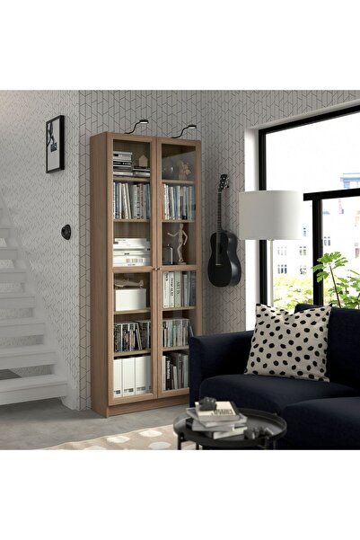 IKEA cam kapaklı kitaplık, meşe görünümlü, 80x30x202 cm