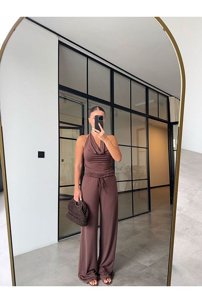 BB Bensu Buyruk Brown Halter Neck Dressy Bluz Pant Modal Set