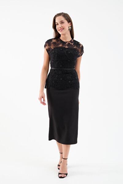 Lafaba Дамска черна дантелена вечерна рокля с дължина до коляното