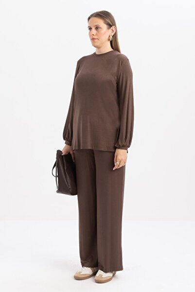 ALLDAY Μπλούζα από βαμβακερή λύκρα με μανίκια καφέ-λαιμόκοψη