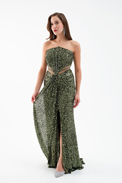 Lafaba Women's Khaki Strapless Slit Long Evening Dress