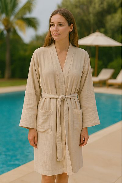 Elvya Muslin Kimono Bathrobe – Unisex |   100% Cotton Soft 2 Layer Natural Fabric