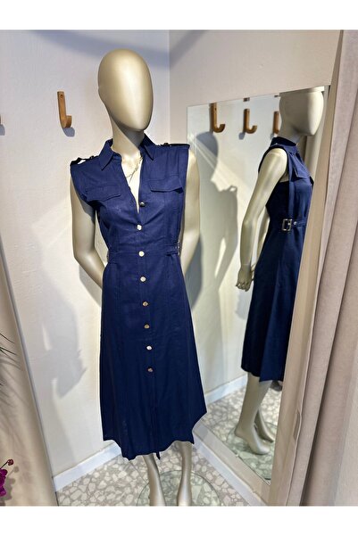 MU&ME BOUTİQUE ELBİSE UZUN KETEN ÖNDEN DÜĞMELİ VE KEMERLİ - LACİVERT