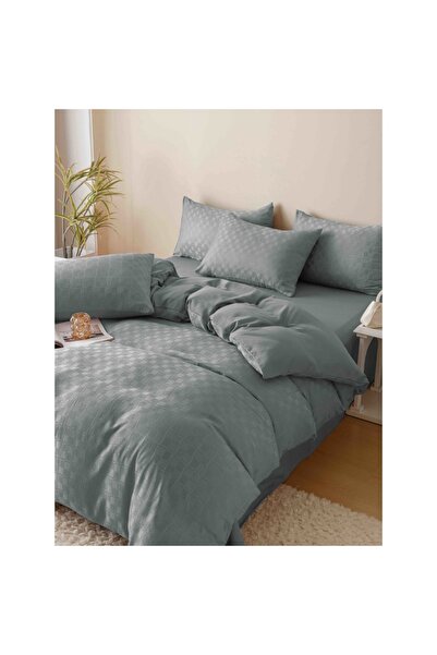 JOJO HOME Set Lenjerie de pat, Jojo Home, JQF7, bumbac jacquard finet premium, uni, 2 persoane, 6 piese, gri