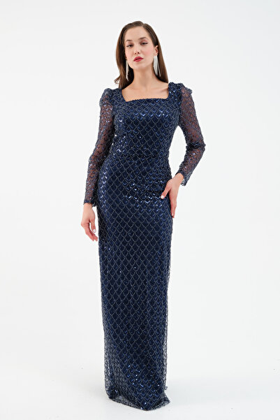 Lafaba Жіноче темно-синє плаття з квадратним коміром, довгими рукавами та бісером