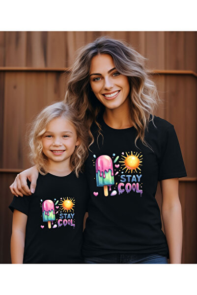 ASELİNDA تي شيرت Stayl Cool Ice Cream and Sun مطبوع عليه مجموعة الأم والبنت (...