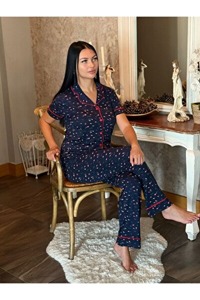 White Rose - Gül Desenli: Kısa Kollu Pijama Takımı - Lacivert Önden Düğmeli