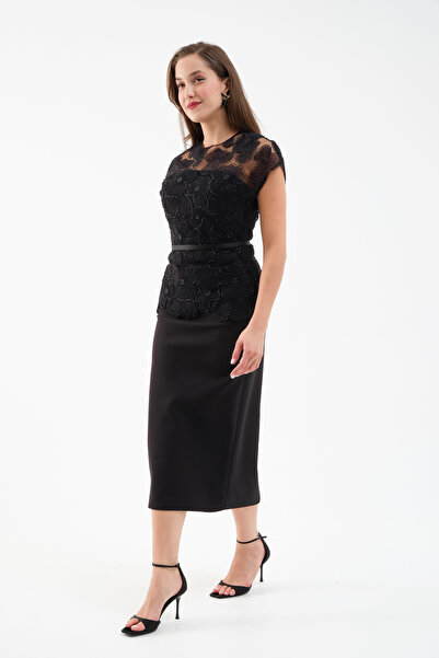 Lafaba Дамска черна дантелена вечерна рокля с дължина до коляното