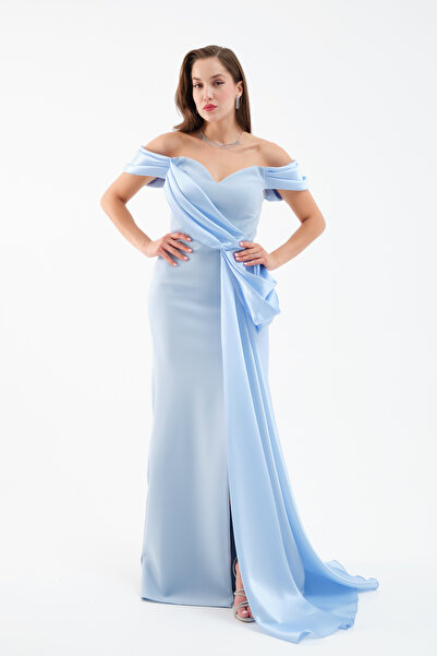 Lafaba Rochie de seară lungă pentru femei, albastru bebeluș, cu decolteu barca