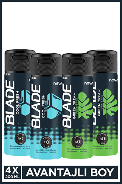 Blade Cool Fresh & Green Dream Erkek Deodorant 4’lü Avantaj Paketi Hızlı Kurur, Leke Bırakmaz