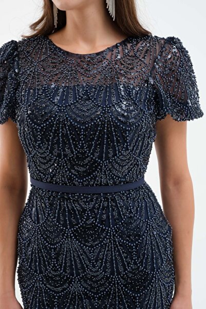 Lafaba Kadın Lacivert Boncuklu Midi Abiye Elbise