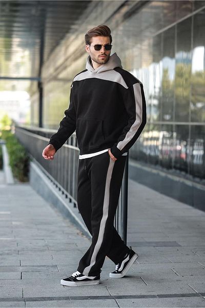 Madmext Black Hooded Stripe Detailed Men's Tracksuit Set E7326