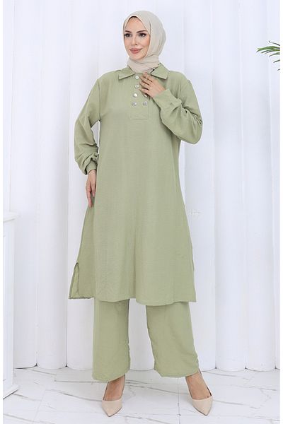 sefamerve Pantaloni tunică cu nasturi dublu Set de două piese 2118-07 Mould Green