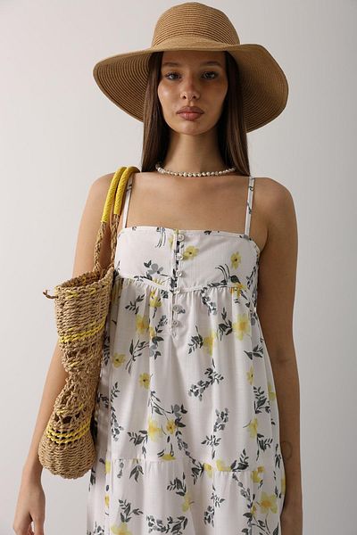 VAGGON Women's Yellow Flower Pattern Suspender Detailed Multi-Layer Dress Vs00651