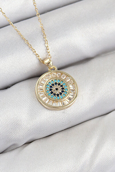 Twin Store قلادة نسائية من النحاس والزركون وحجر المياه وعين الشر موديل ذهبي ا...