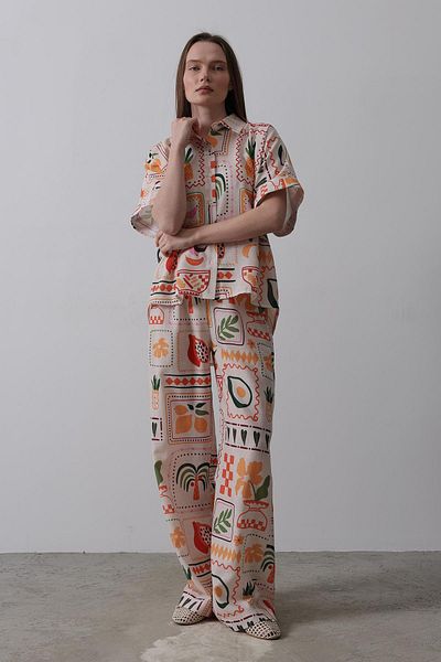 VAGGON Women's Stone Printed Short Sleeve Shirt and Pants Suit Vs00584