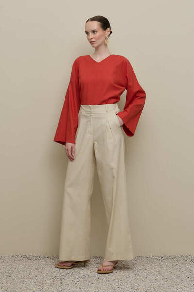 Fahhar Linen Straight Trousers Stone