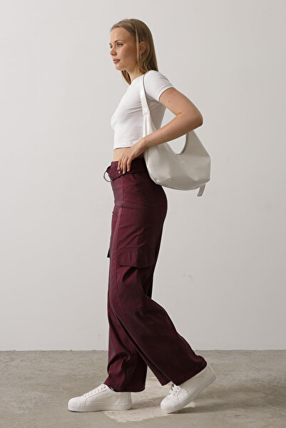 VAGGON Kadın Bordo Kemerli Kargo Cepli Palazzo Pantolon Vs00586