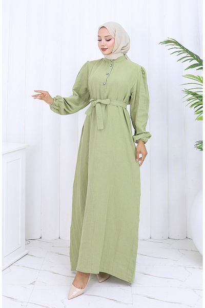 sefamerve Belted Dress with Elastic Sleeves 2112-04 Mildew Green