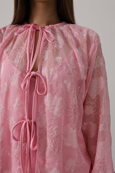 VAGGON Women's Pink Self-Patterned Chiffon Blouse with Tie Detail Vs00554