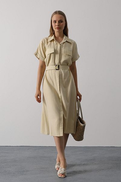 VAGGON Women's Ecru Belted Pocket Detailed Half Sleeve Dress Vs00581