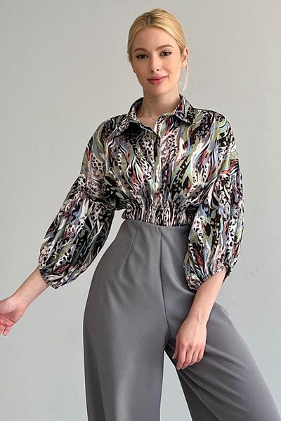 VAGGON Women's Green Elastic Waist Satin Shirt Vs00394