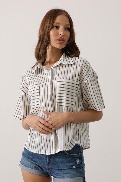 VAGGON Women's Dark Blue Glitter Striped Short Sleeve Shirt Vs00598