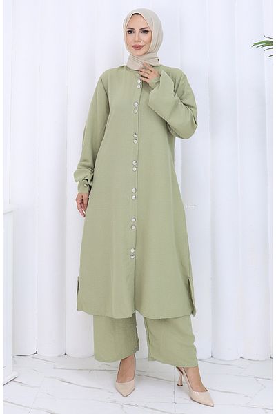 sefamerve Pantaloni tunică cu nasturi înalți Set dublu 2114-01 Mould Green
