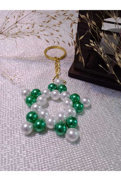 MODA MANANI 10 Pieces White Green Pearl Long Gold Color Chain Keychain