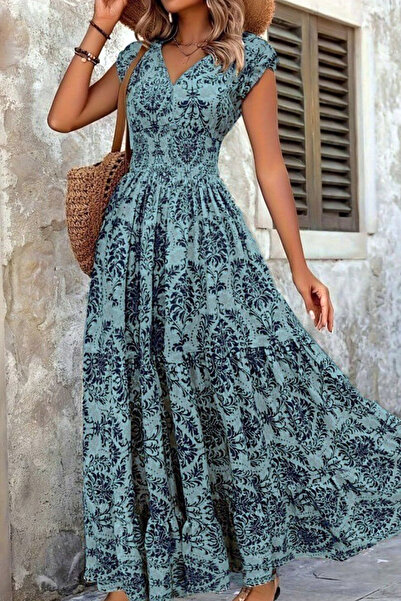 Yeslena Etnik Otantik Desen Kısa Kol Kruvaze Yakalı Beli Gipe Lastik Büzgülü ...