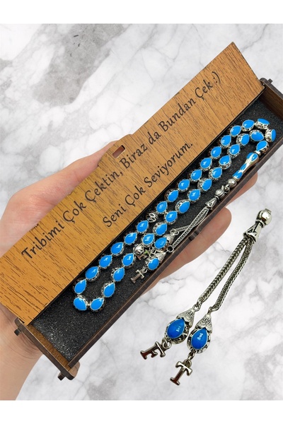 KANUNİ TESBİH Metal Prayer Beads in Turquoise Color with Letter Detail in Woo...