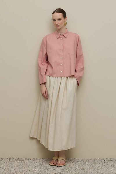 Fahhar Kimono Sleeve Short Linen Shirt Pink