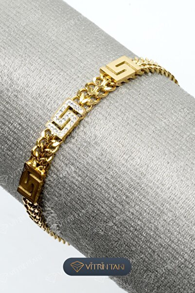 Çelik Taş Detaylı Altın Renk Bileklik