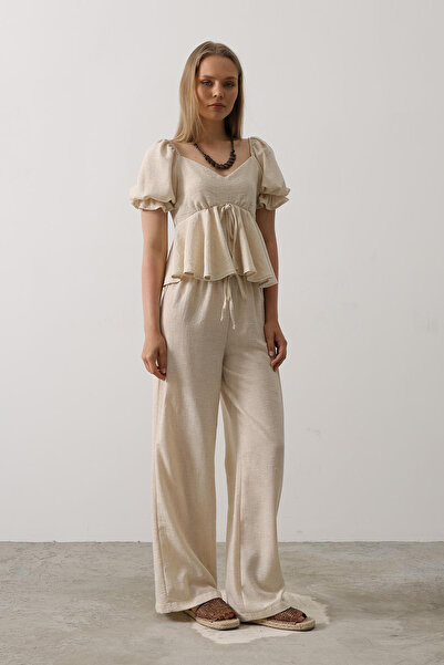 VAGGON Women's Beige Bowknot Half Balloon Sleeve Skirt Ruffle Blouse and Pants Set Vs00570