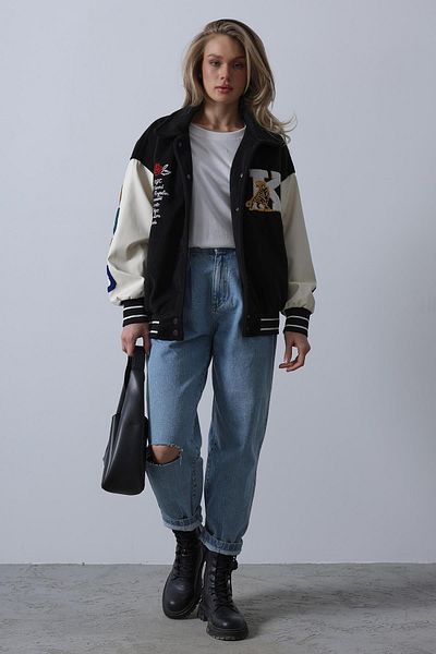 VAGGON Women's Black Shirt Collar Printed Cashew Biker Jacket Vs00448