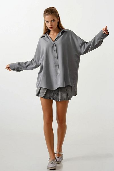 VAGGON Women's Gray Wide Cuff Detailed Oversize Shirt Vs00543