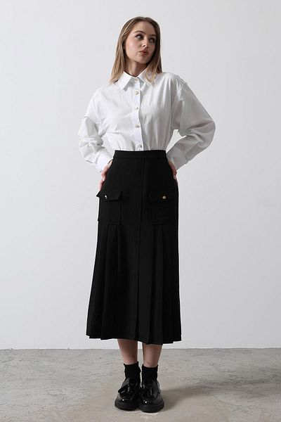 VAGGON Women's White Pleated Pocket Detail Contrast Shirt Dress Vs00481