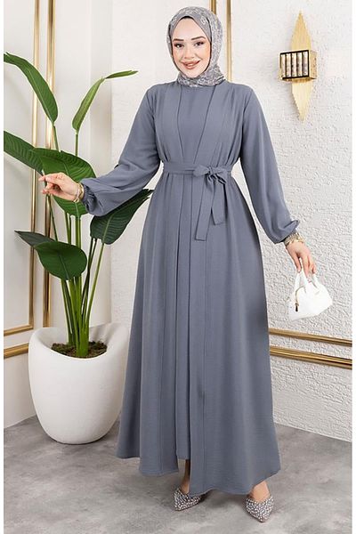 sefamerve Costum Abaya Nobil 0336-05 Gri argintiu