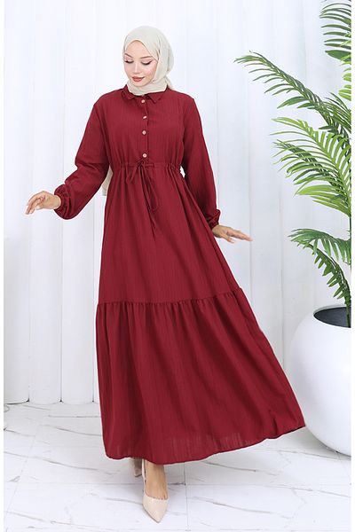 sefamerve Button Dress with Tie-Up at the Waist 0127-03 Burgundy