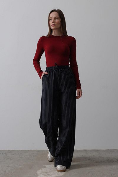 VAGGON Women's Dark Blue White Double Pocket Palazzo Trousers with Elastic Waist and Laces Vs00536
