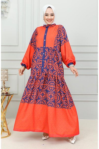 sefamerve Ethnic Patterned Hijab Dress 0302-03 Orange