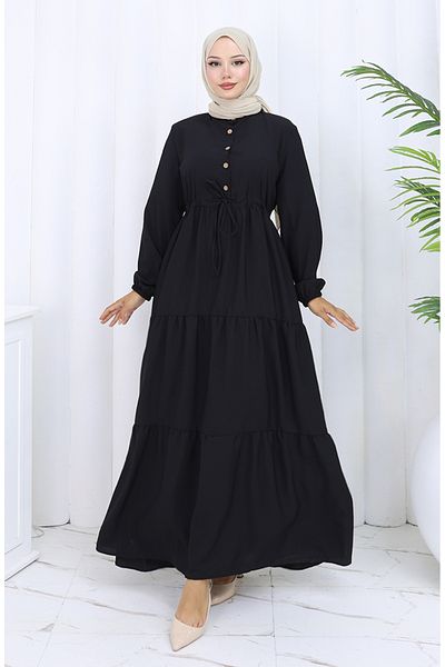 sefamerve Rochie cu șireturi la talie 0128-07 Negru