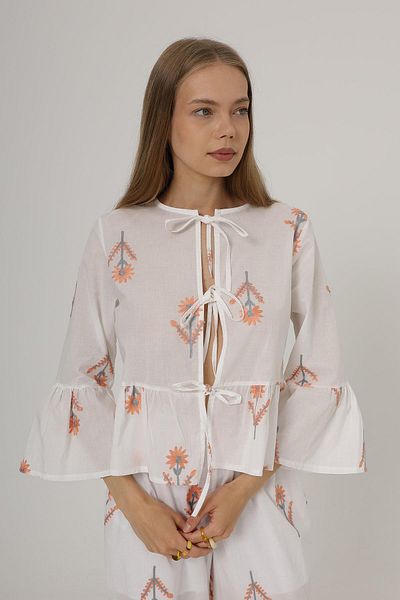VAGGON Women's White Bow Tie Flounced Brode Blouse Vs00532