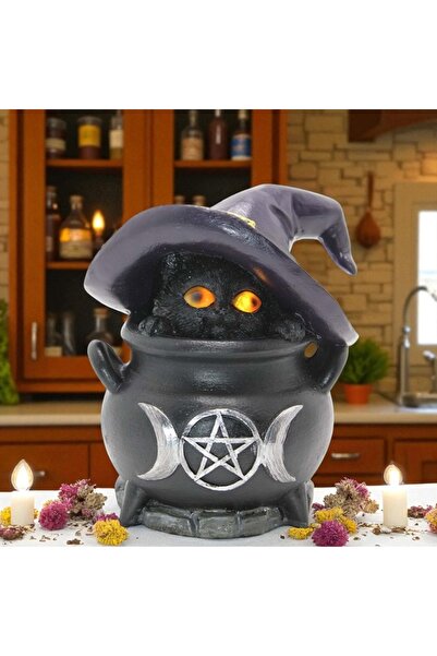 Kuzey Tacı Büyücü Kedi Kazanı Gözlerinden Renkli Işıklar Çıkarır Sevimli Deko...