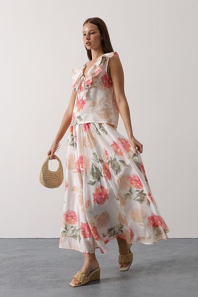 VAGGON Women's Pink Floral Patterned Long Skirt Vs00645